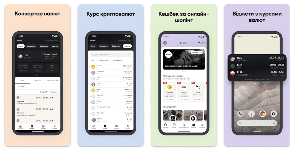 Multi послуги: конвертер валют, курс криптовалют, кешбек за онлайн шопінг